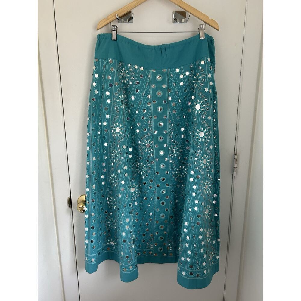Soft Surroundings XL Turquoise Fully Beaded Mirrored Maxi Skirt Tassels Beaded